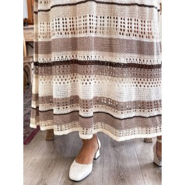 Plus Size - Plus Size - Plus Size - Elegant Plus Size V-Neck Long Sleeve Dress with Color Block Design - Lightweight Breathable Fabric, Ruffled Hem & Layered Skirt