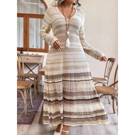 Plus Size - Plus Size - Plus Size - Elegant Plus Size V-Neck Long Sleeve Dress with Color Block Design - Lightweight Breathable Fabric, Ruffled Hem & Layered Skirt