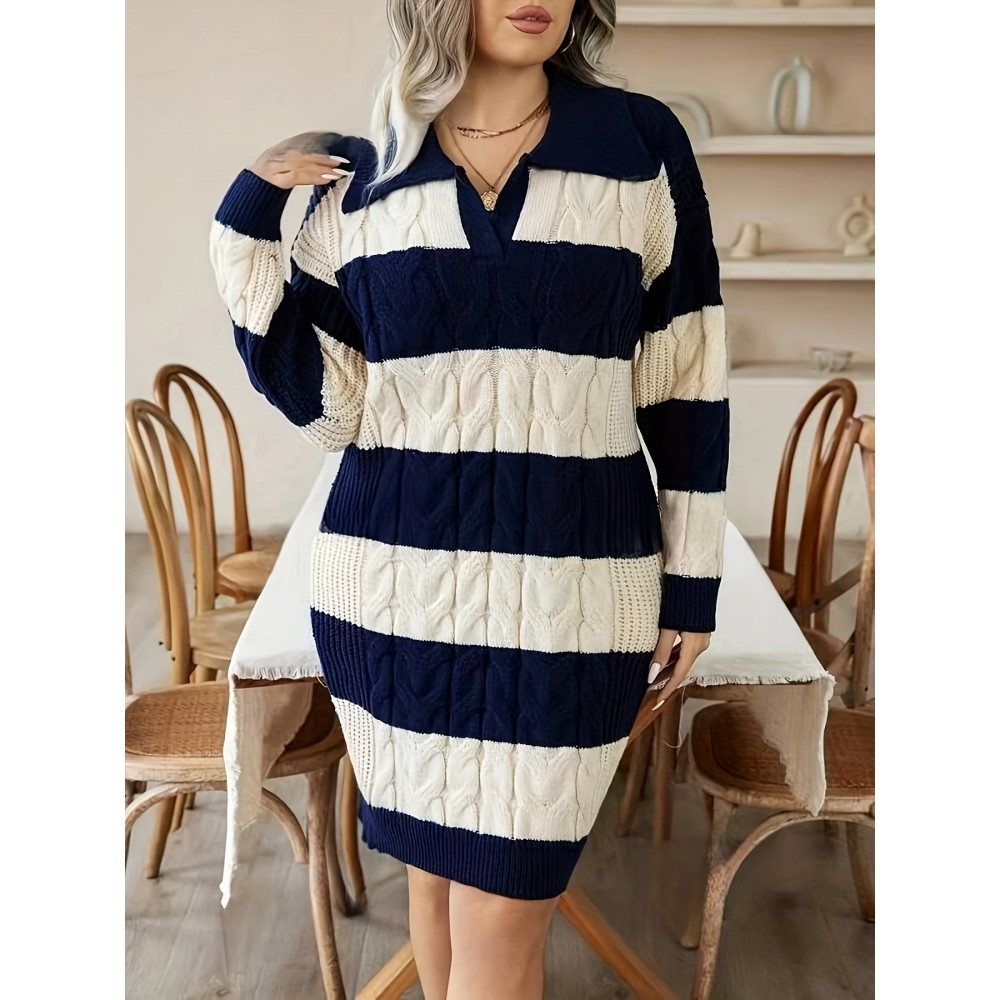 Elegant Plus Size Striped Sweater Dress Polyester Knit Fabric - Lapel Collar Long Sleeve Drop Shoulder Midi Dress with Medium Stretch for All Seasons
