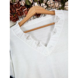 Plus Size Cross Pattern Knit Sweater, Casual Long Sleeve V Neck Raw Hem Top For Fall & Winter, Women's Plus Size Clothing