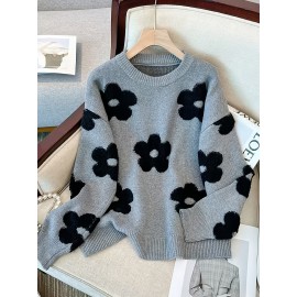 [Elegant Floral Sweater] Plus Size Women's Elegant Floral Sweater | Loose Fit Long Sleeve Pullover with Dark Floral Pattern, Soft Texture Top for Everyday & Formal Outfits - Stylish Knitwear, Seasonal Wardrobe, Breathable Material, Office Wear