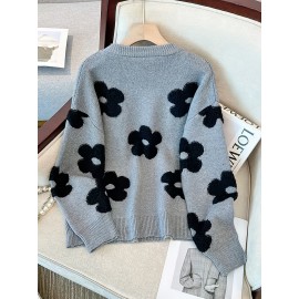[Elegant Floral Sweater] Plus Size Women's Elegant Floral Sweater | Loose Fit Long Sleeve Pullover with Dark Floral Pattern, Soft Texture Top for Everyday & Formal Outfits - Stylish Knitwear, Seasonal Wardrobe, Breathable Material, Office Wear
