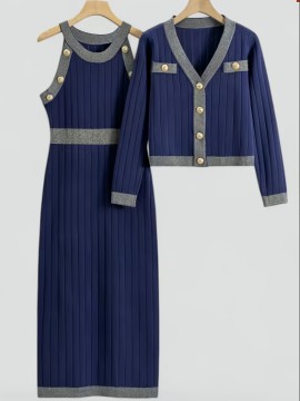 Plus Size - Women'S Plus Size Two-Piece Set - Navy Blue Ribbed Dress & Cardigan Vest, High Waist, Button-Up, Casual Style for Spring/Fall, Versatile Clothing | Buttonup Cardigan | Construction, Plus Size Sweater Dress