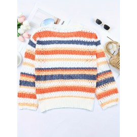 [Bohemian Knit Top] Vintage Bohemian Style Color Block Knit Top - Hollow-Out Design, Long Sleeve, Round Neck Pullover for Women