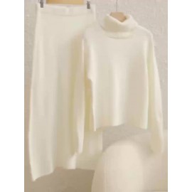 White Plus Size Cozy Sweater and Skirt Set - Soft, Ribbed, Long Sleeve Top with High-Waisted, Flowy Skirt - Perfect for Winter, All-Season Comfort, Winter Clothing | Ribbed Skirt | Construction, Sweater Set