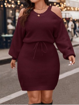 [Elegant Dress] Elegant Plus Size Women's Off-Shoulder Dress | Long Sleeve Round Neck with Waist Tie & Pencil Silhouette, Solid Color Machine Washable Resort Wear for Spring/Fall