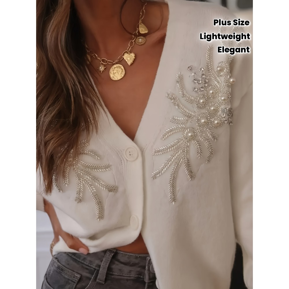 Plus Size - Women'S Elegant V-Neck Cardigan with Pearl Embellishments - French Chic Button-Front Design, Long Sleeve, Lightweight for Fall/Winter, White, Winter Cardigans Lightweight
