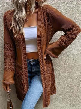 Plus Size, Plus-size fashionable solid openwork cardigan, casual long-sleeve crochet cardigan