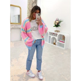 Plus Size, Rice Leaf Selection Fresh Youthful Cardigan for Women, Loose Thick-Needle Color Striped Patchwork Lantern Sleeve Open Collar Casual Sweater Jacket, Autumn Layering Piece, Winter Cozy Wear, Soft Texture