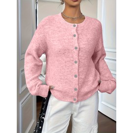 Plus Size - Plus Size - Women'S Elegant Solid Color Long Sleeve Cardigan - Soft Stretchy Button-Front Open Front Sweater, Round Neck Fall/Winter Coat for Casual & Formal Outfits, Cardigan Sweater, Winter Clothing, Stylish Knitwear, Office Wear