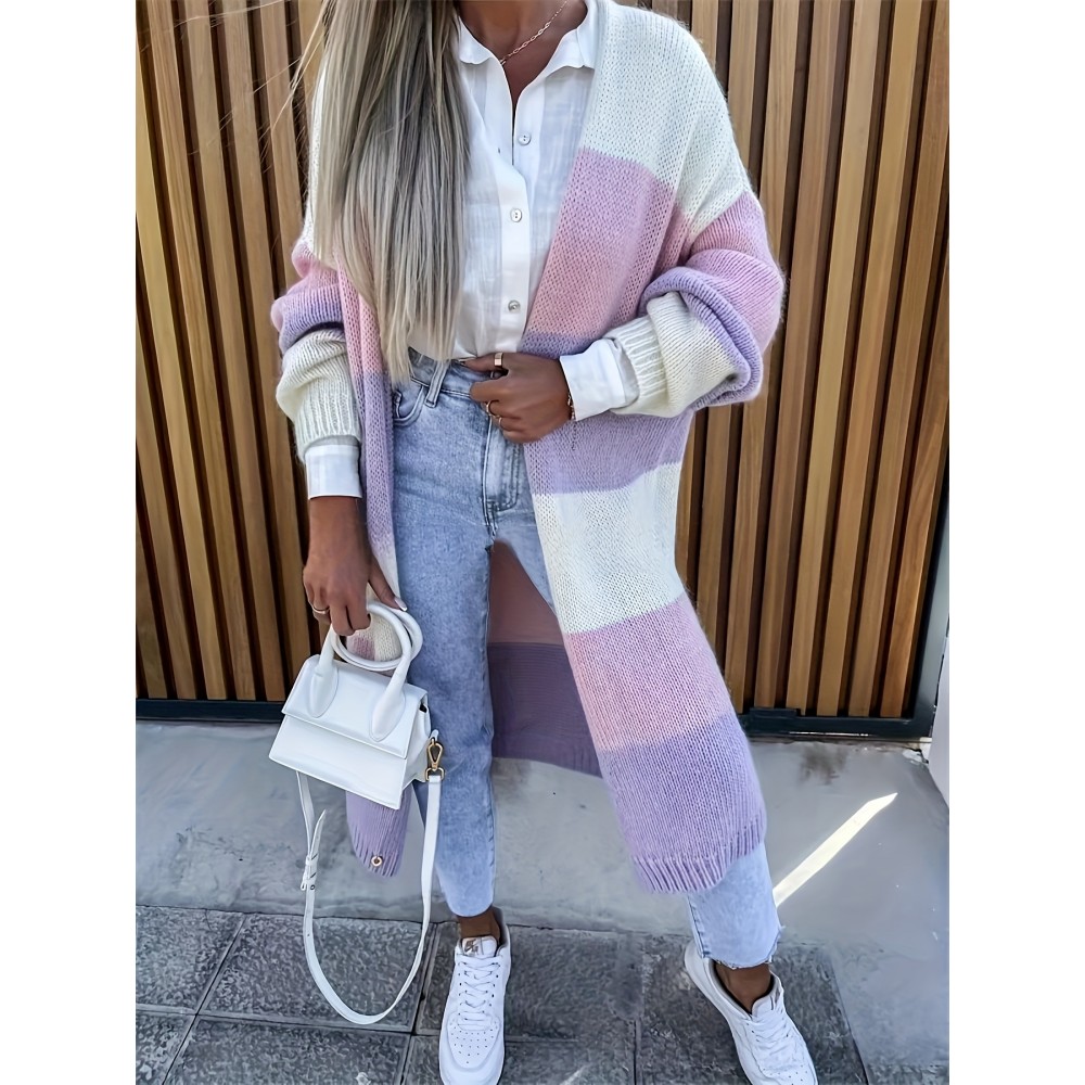 Plus Size, Plus-Size Women's Elegant Color-Block Cardigan - Soft Open Front Ribbed Design, Cozy Autumn Winter Sweater for Casual & Formal Outfits, Seasonal Wardrobe, Stylish Knitwear, Premium Knitwear, Stylish Ladies