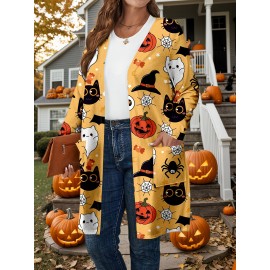 Plus Size - Plus Size Women'S Halloween Pumpkin Print Cardigan - Casual Long Sleeve with Ghosts, Bats & Autumn Leaves Design, Black & Orange, Perfect for Fall & Winter, Halloween Costume