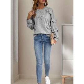Women'S Casual Pullover Long Sleeve Sweatshirt with Decorative Bows - Soft Gray Loose Fit Crew Neck Top for Spring & Fall, Perfect for Casual Attire, Relaxed Fit Top | Bow Embellished Top | Comfortable Fit