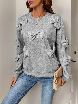 Women'S Casual Pullover Long Sleeve Sweatshirt with Decorative Bows - Soft Gray Loose Fit Crew Neck Top for Spring & Fall, Perfect for Casual Attire, Relaxed Fit Top | Bow Embellished Top | Comfortable Fit