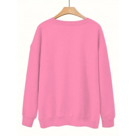 Women's Red joyful Face & Smile Letter Print Sweatshirt - Soft Machine-Washable Polyester Crew Neck Long Sleeve Casual Pullover for Fall Winter, Cozy Everyday Lounge Wear, Comfortable Fit