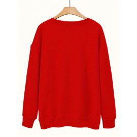 Women's Red joyful Face & Smile Letter Print Sweatshirt - Soft Machine-Washable Polyester Crew Neck Long Sleeve Casual Pullover for Fall Winter, Cozy Everyday Lounge Wear, Comfortable Fit