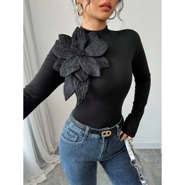 [Floral Embellished Crop Top] Elegant Floral Embellished Women's Black Long-Sleeve Crop Top | High Neck, Ruched Design, Cinched Waist, Perfect for Casual or Stylish Outfits