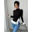 [Women's Long Sleeve T-Shirt] Women's Elegant Solid Color Long Sleeve T-Shirt - Asymmetrical Hem Contrast Color Block Design, Half-Turtleneck with Ruffled Detail, Machine Washable Fall Winter Casual Chic Top