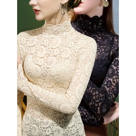 Set of 2, Solid Color Lace Tops, Featuring a Mock Neck And Elegant Long Sleeves, Perfect As a Base Layer for Spring And Autumn, Women'S T-Shirt.