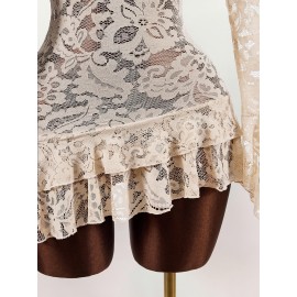 Women'S Y2K Retro Lace Top - Deep V-Neck Blouse with Flared Bell Sleeves, ElegantSexy Party & Formal Outfits, Non-See-Through Lace Shirt for Nightlife, Dates, Office - Spring/Fall Women'S Clothing, Date Night Attire, Ruffled Hem Design