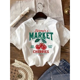 Y2K Cherry & Letter Print Jersey T-Shirt for Women, Crew Neck Short Sleeve Tee, Regular Length, Spring/Summer/Fall Casual Vacation Top, Cherry Tshirt