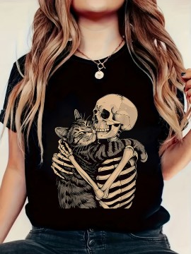 Women'S Cat & Skeleton Graphic Tee - Casual Crew Neck, Short Sleeve, Cool Summer T-Shirt with Whimsical Animal Print, Black, Casual Attire | Quirky Tshirt | Summer Fashion