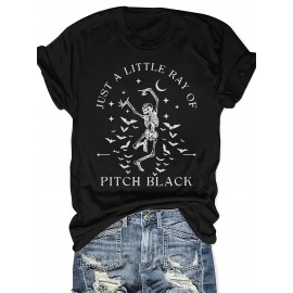 [Gothic T-Shirt] Lightweight Gothic-Inspired Skeleton & Bat Print T-Shirt | Casual Crew Neck, Short Sleeve, Spring & Summer, Casual Wear, Gothic Style