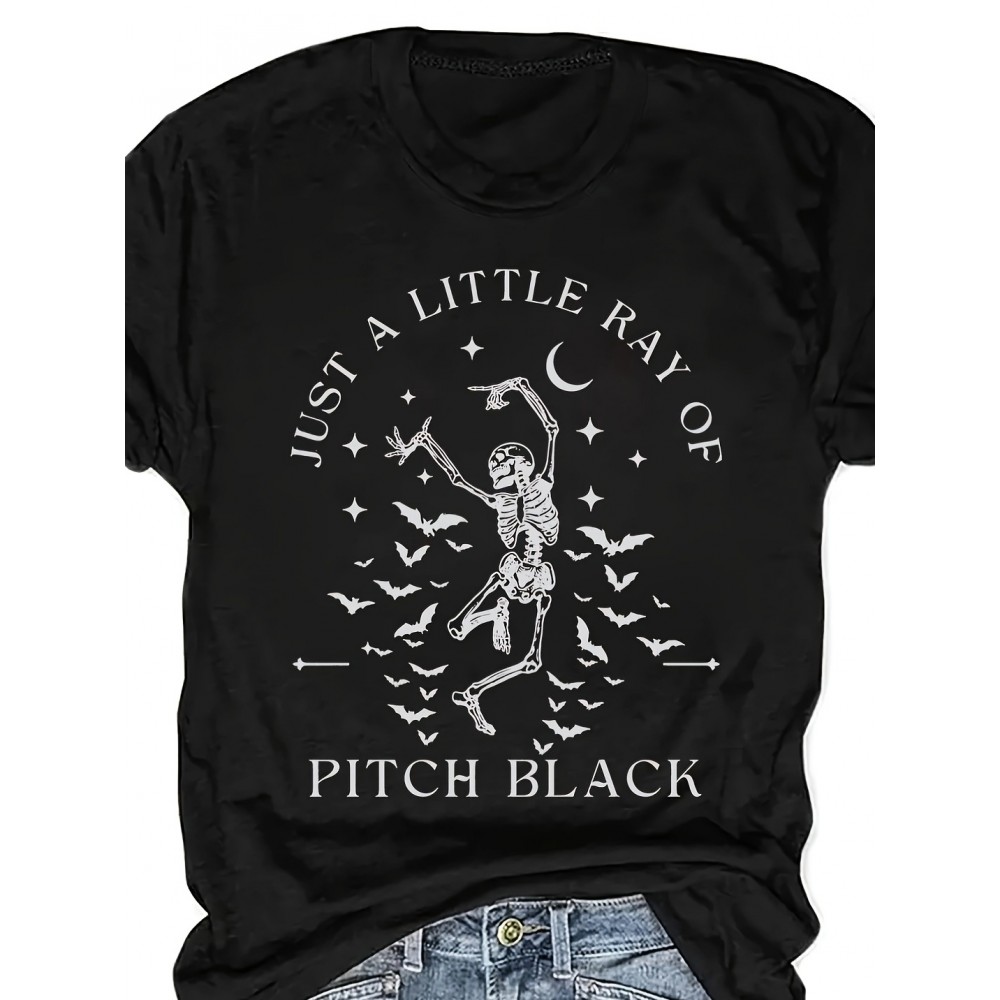 [Gothic T-Shirt] Lightweight Gothic-Inspired Skeleton & Bat Print T-Shirt | Casual Crew Neck, Short Sleeve, Spring & Summer, Casual Wear, Gothic Style