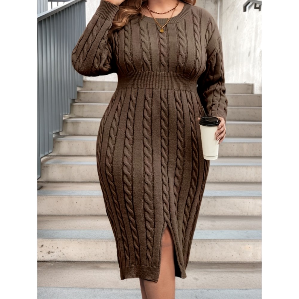 Plus Size - Elegant Plus Size Women'S Bodycon Dress - Fabric, Long Sleeve, Crew Neck, Slim Fit, Solid Color, Perfect for Spring/Summer, Ideal for Halloween, Christmas, Valentine'S Day Gifts, Casual Wear Dress|Slim Fit Dress| Construction, Plus Size Dress