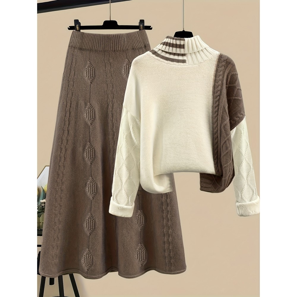Plus Size, Women's Two-Piece Set, Fashionable and Elegant Long Sleeve Pullover with Skirt in Color Block Design for Autumn/ Winter