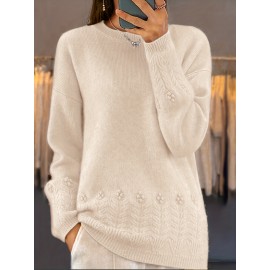 Plus Size, Women's Oversized Elegant Sweater - Winter Warm Round Neck Long Sleeve Cable- Texture Sweater for Fall & Winter, Cozy Casual to Formal Outfits, Plus Size Available (Hand Washable) - Versatile Everyday & Special Occasion Sweater