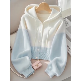 Plus Size - Women'S Korean Style Pink Patchwork Hooded Sweater - Casual Long Sleeve Cardigan with Button Front, Loose Fit for Fall/Winter, Lightweight & Cozy, Buttoned Cardigan