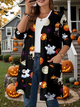 Plus Size - Plus Size Women'S Halloween Pumpkin Print Cardigan - Casual Long Sleeve with Ghosts, Bats & Autumn Leaves Design, Black & Orange, Perfect for Fall & Winter, Halloween Costume