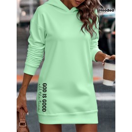 Women's Light Green Hooded Sweatshirt Dress with Inspirational 