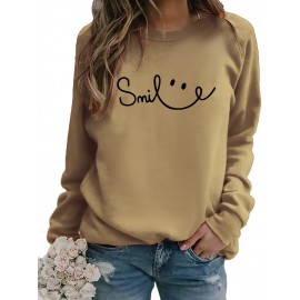 Women's Red joyful Face & Smile Letter Print Sweatshirt - Soft Machine-Washable Polyester Crew Neck Long Sleeve Casual Pullover for Fall Winter, Cozy Everyday Lounge Wear, Comfortable Fit