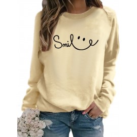 Women's Red joyful Face & Smile Letter Print Sweatshirt - Soft Machine-Washable Polyester Crew Neck Long Sleeve Casual Pullover for Fall Winter, Cozy Everyday Lounge Wear, Comfortable Fit