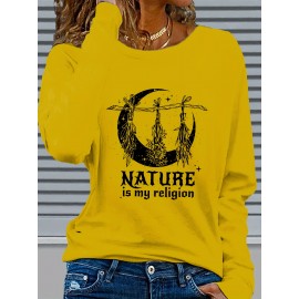 Women's Casual Long Sleeve Crew Neck Graphic T-Shirt - Sun Moon Stars Print with 