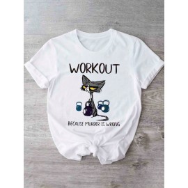 [Humorous Workout T-Shirt] 1pc Women's Casual Short Sleeve T-Shirt | Soft, Lightweight, Humorous Cat & Dumbbell Graphic Print, 